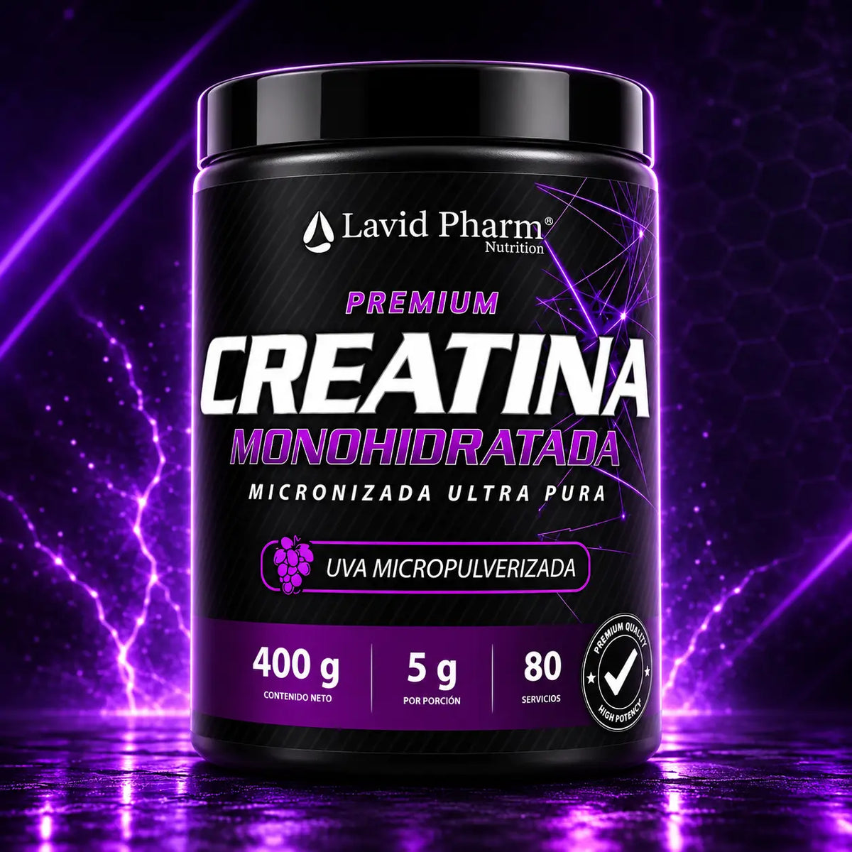 Creatina Premium Monohidratada Lavid Pharm 400 g con uva micropulverizada, 5 g por porción y 80 porciones aproximadas.