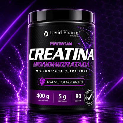 Creatina Premium Monohidratada Lavid Pharm 400 g con uva micropulverizada, 5 g por porción y 80 porciones aproximadas.