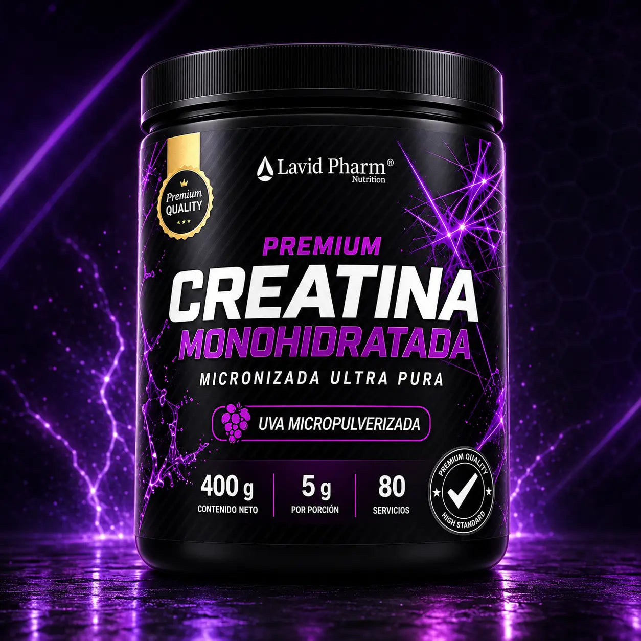 Creatina Premium Monohidratada Lavid Pharm 400 g con uva micropulverizada, 5 g por porción y 80 porciones aproximadas.