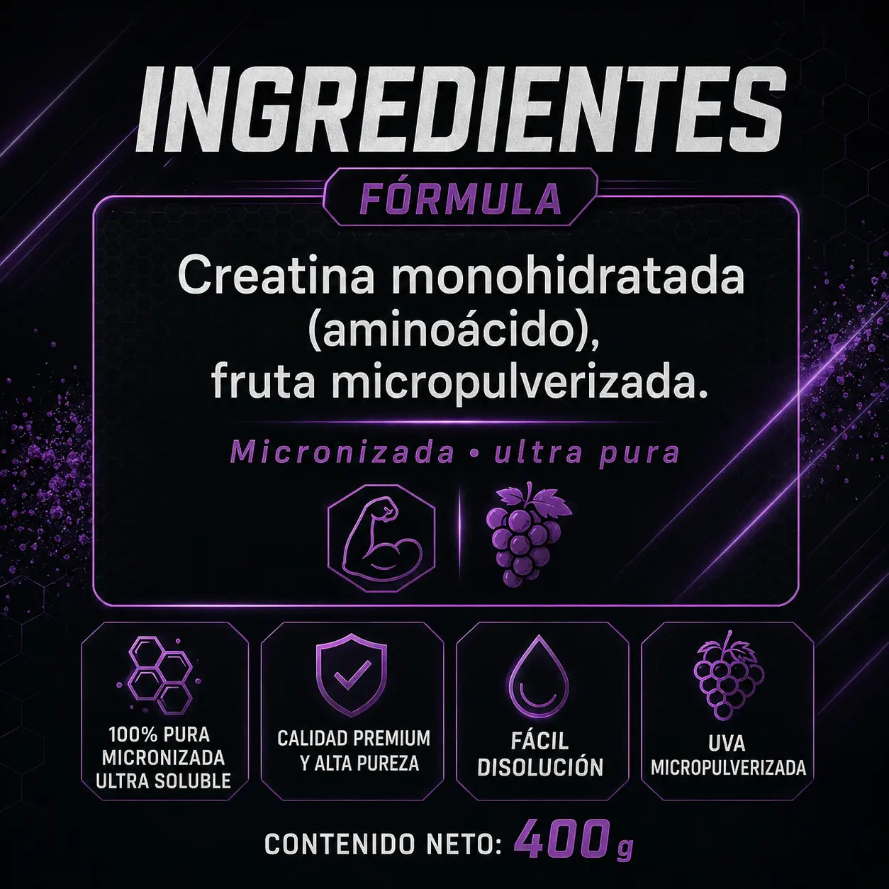 Ingredientes de Creatina Premium Monohidratada Lavid Pharm: creatina monohidratada y fruta micropulverizada, presentación de 400 g.