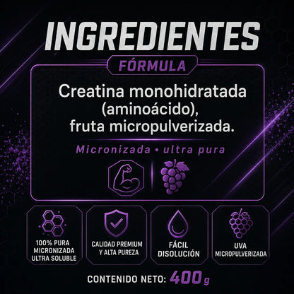 Ingredientes de Creatina Premium Monohidratada Lavid Pharm: creatina monohidratada y fruta micropulverizada, presentación de 400 g.