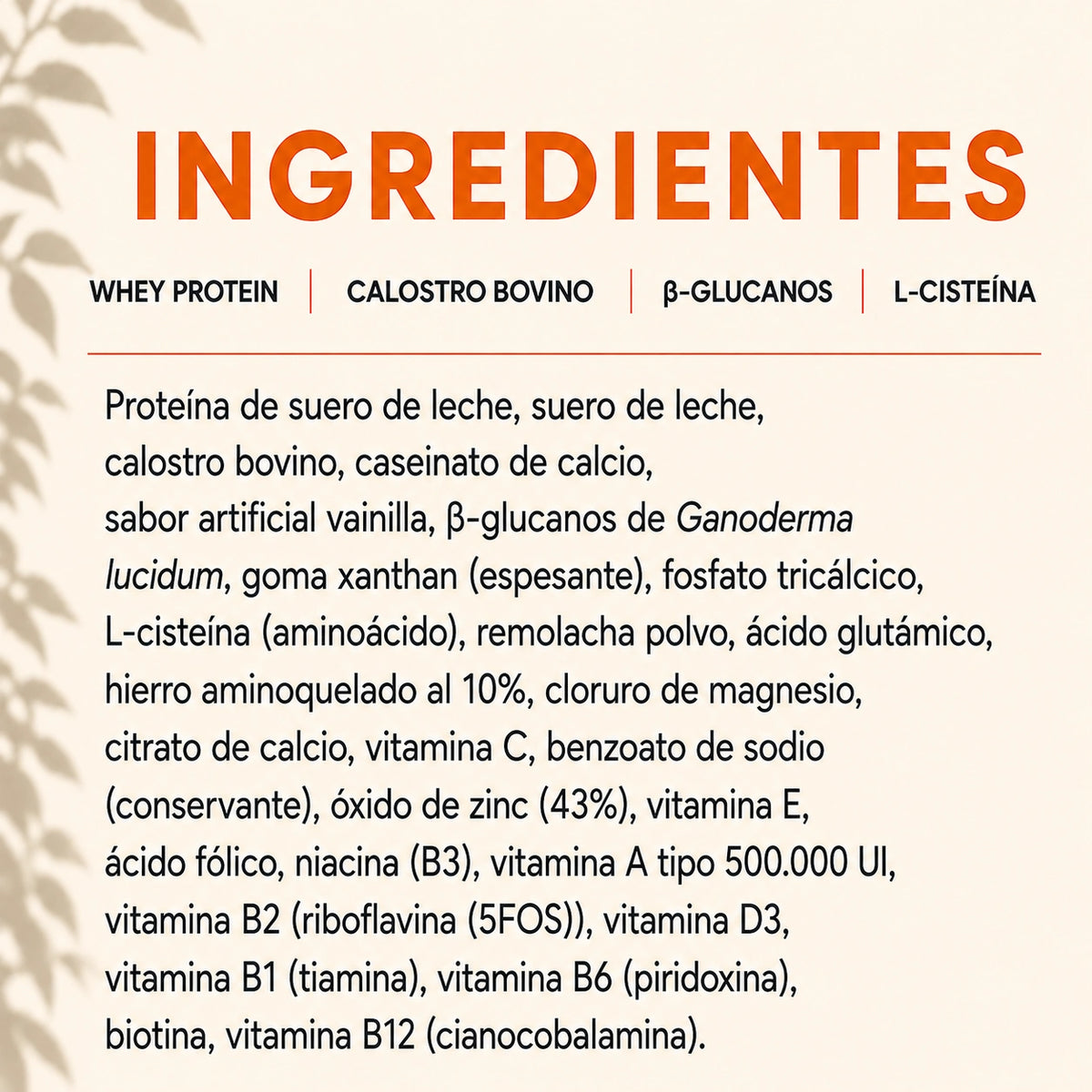 Ingredientes de Defencur Lavid Pharm: whey protein, calostro bovino, beta-glucanos y L-cisteína.