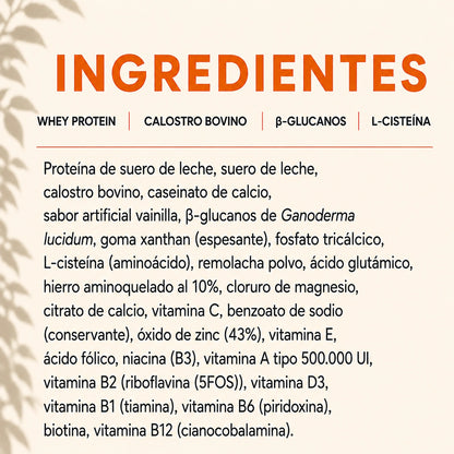 Ingredientes de Defencur Lavid Pharm: whey protein, calostro bovino, beta-glucanos y L-cisteína.
