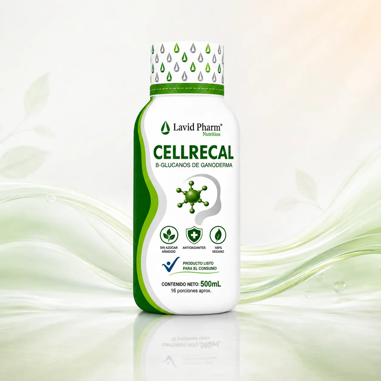 CELLRECAL bebida funcional líquida con B-Glucanos de Ganoderma, presentación de 500 mL