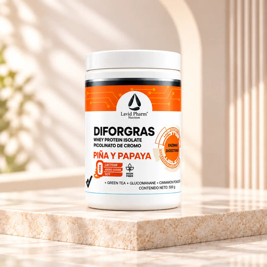 Diforgras Lavid Pharm 500 g con proteína whey, fibra, piña, papaya y picolinato de cromo.