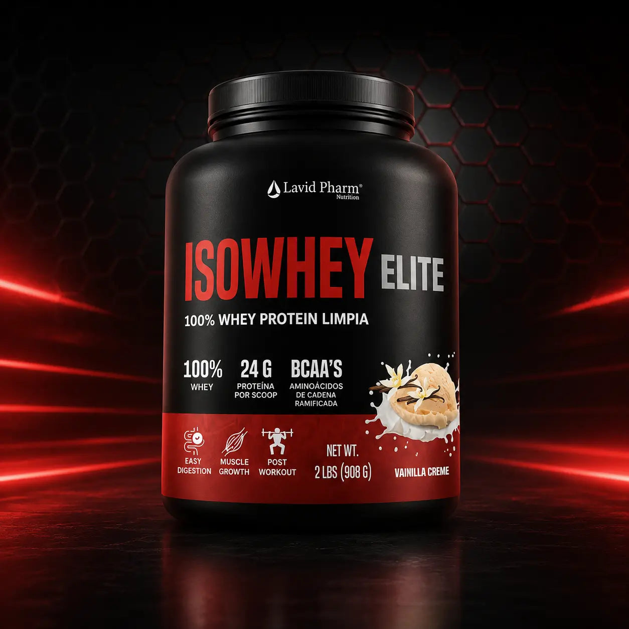 ISOWHEY ELITE Lavid Pharm, proteína whey isolate y concentrate sabor vainilla creme con 24 g de proteína por porción, presentación de 2 lb.