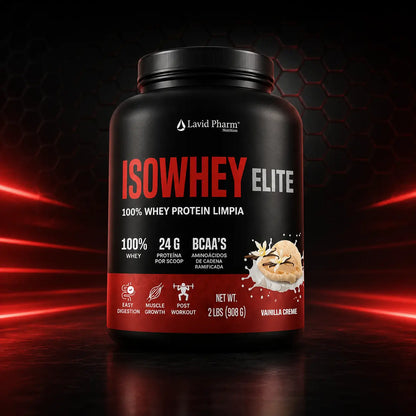 ISOWHEY ELITE Lavid Pharm, proteína whey isolate y concentrate sabor vainilla creme con 24 g de proteína por porción, presentación de 2 lb.