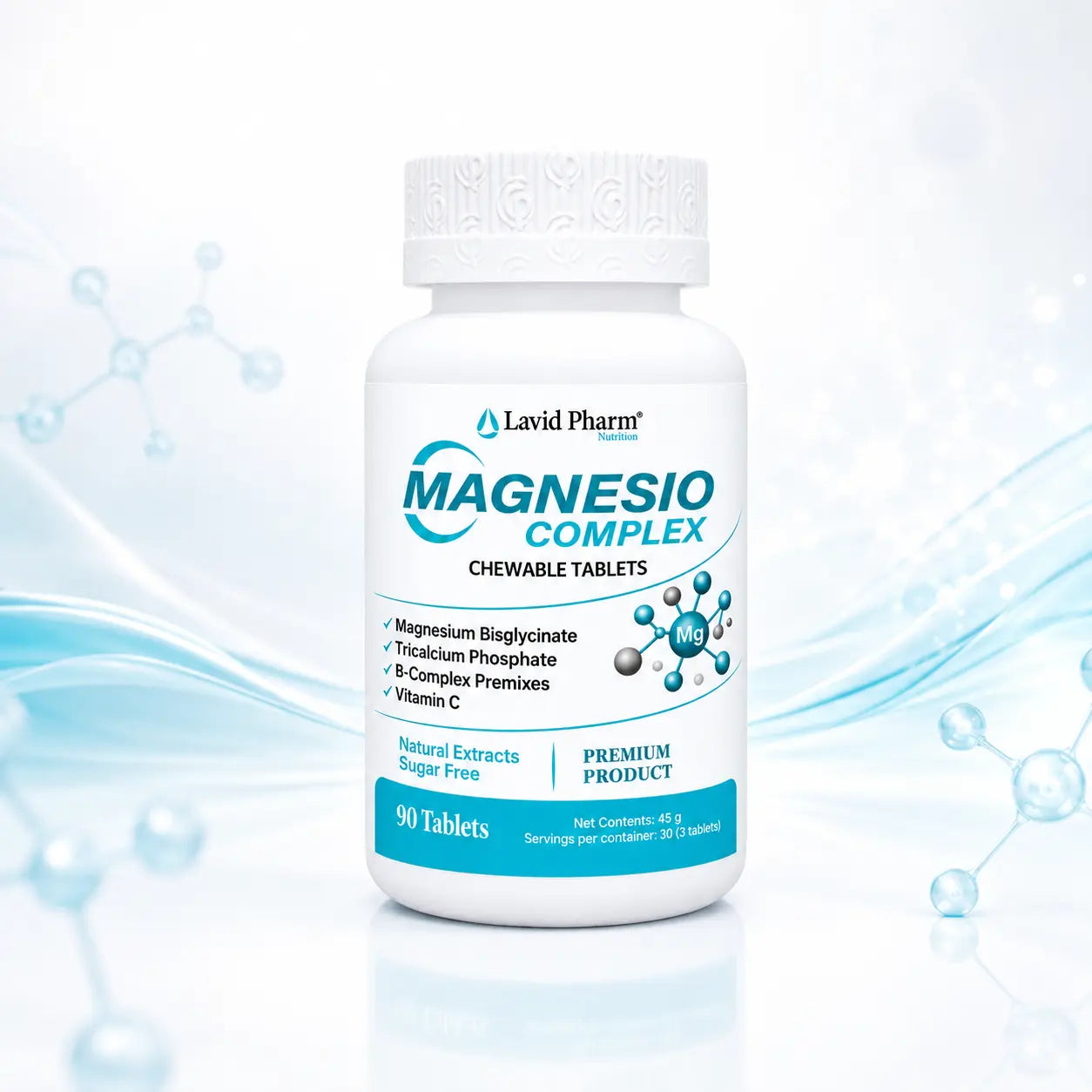 Magnesio Complex Lavid Pharm en tabletas masticables, fórmula con bisglicinato de magnesio, calcio, vitamina C y complejo B.