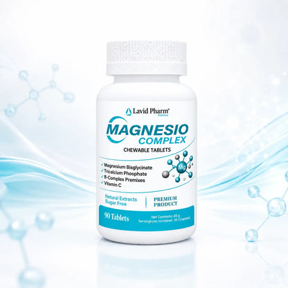 Magnesio Complex Lavid Pharm en tabletas masticables, fórmula con bisglicinato de magnesio, calcio, vitamina C y complejo B.