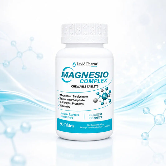 Magnesio Complex Lavid Pharm en tabletas masticables, fórmula con bisglicinato de magnesio, calcio, vitamina C y complejo B.
