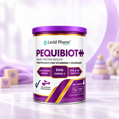 Pequibiot Lavid Pharm, suplemento nutricional infantil con whey protein isolate, DHA Omega 3, colostro y prebióticos