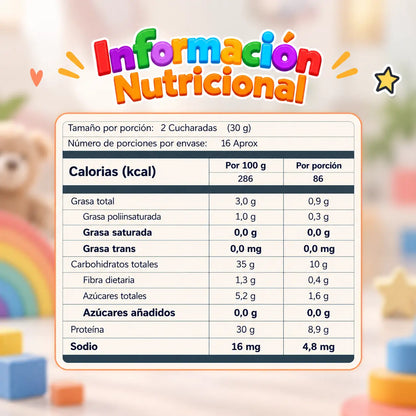 Información nutricional de Bambini A-Z Lavid Pharm por porción de 30 g con calorías, grasas, carbohidratos, azúcares, proteína y sodio