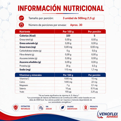 Información nutricional de Venoflex Advance con valores por porción, vitamina C, calcio, magnesio, selenio y yodo