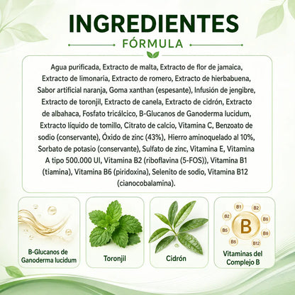 Ingredientes de CELLRECAL con B-Glucanos de Ganoderma, toronjil, cidrón y vitaminas del complejo B