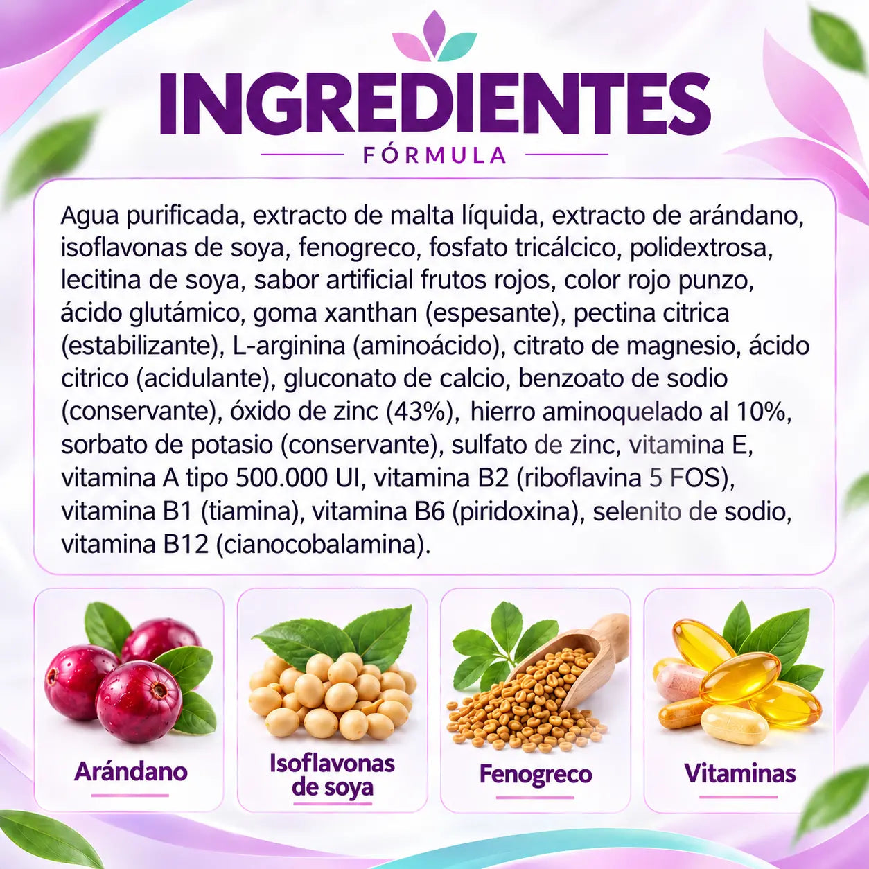 Ingredientes de Ciclogram con arándano, isoflavonas de soya, fenogreco y vitaminas.