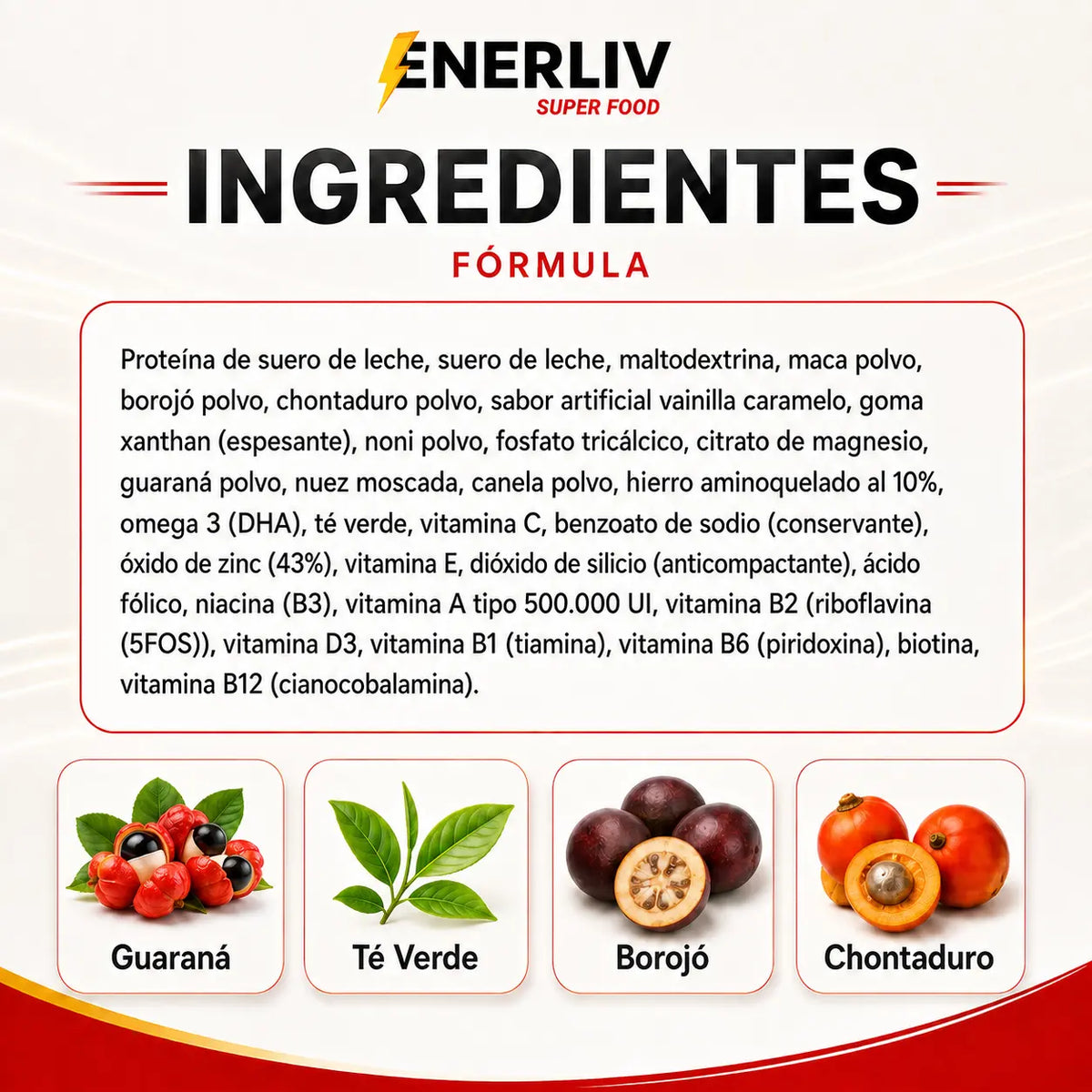 Ingredientes de ENERLIV con guaraná, té verde, borojó y chontaduro