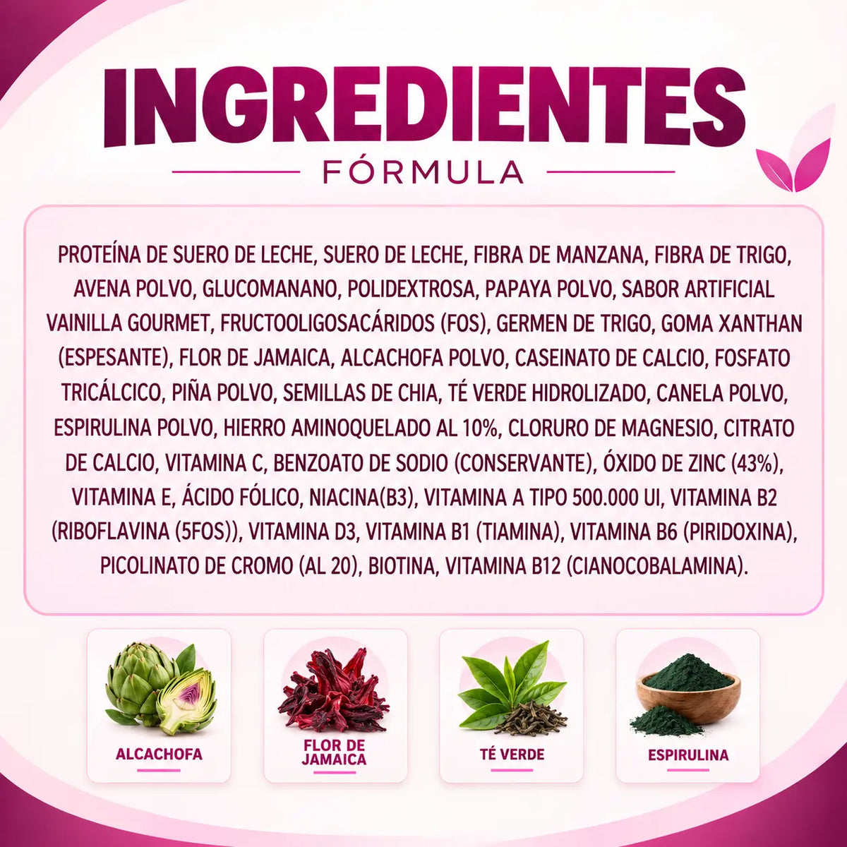 Ingredientes de Faslip Lavid Pharm con proteína de suero de leche, alcachofa, flor de Jamaica, té verde y espirulina