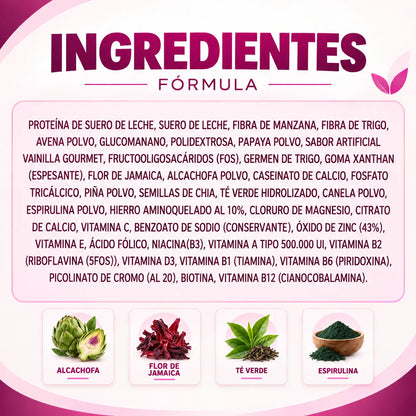Ingredientes de Faslip Lavid Pharm con proteína de suero de leche, alcachofa, flor de Jamaica, té verde y espirulina