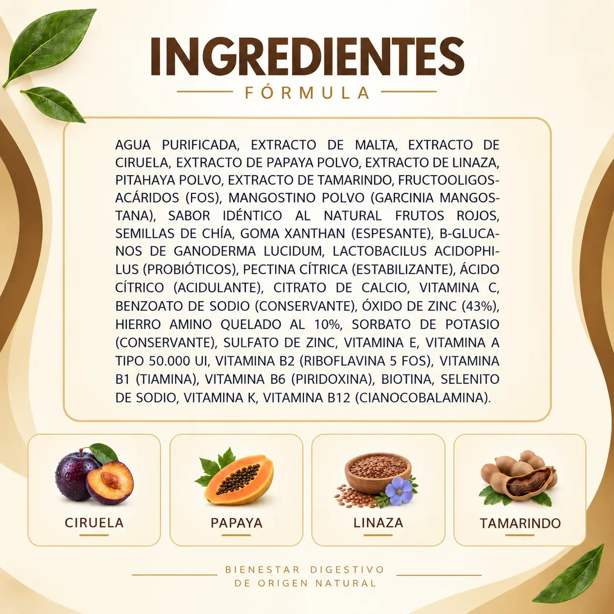 Ingredientes de Fibrescon Lavid Pharm con ciruela, papaya, linaza, tamarindo, chía y probióticos