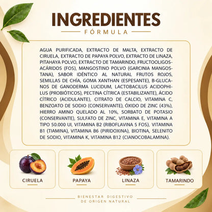 Ingredientes de Fibrescon Lavid Pharm con ciruela, papaya, linaza, tamarindo, chía y probióticos