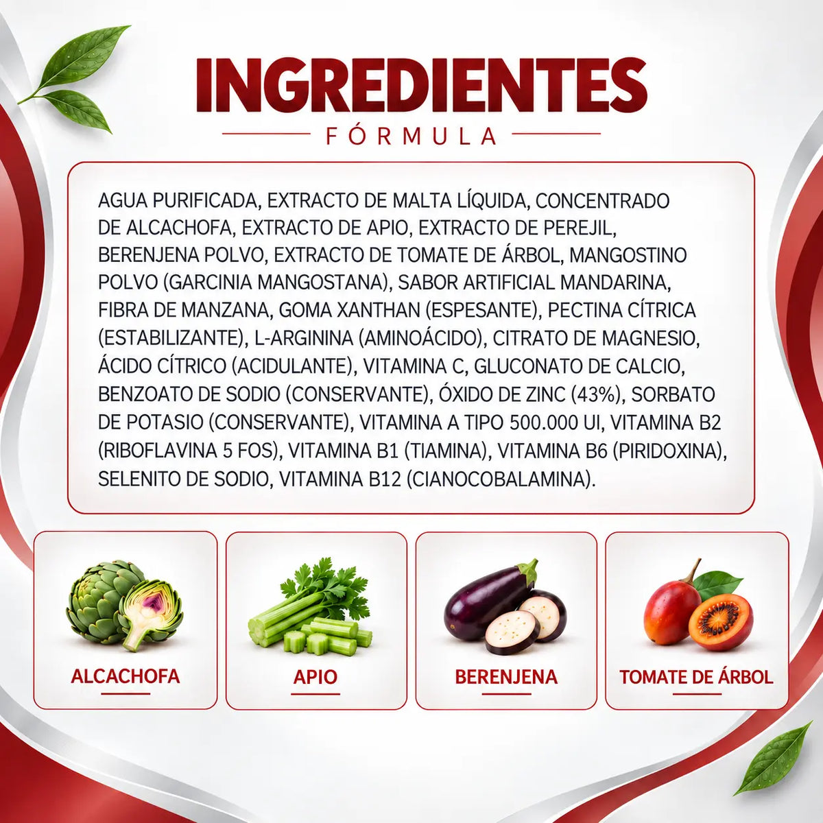Ingredientes de Higradet Lavid Pharm con alcachofa, apio, berenjena y tomate de árbol.