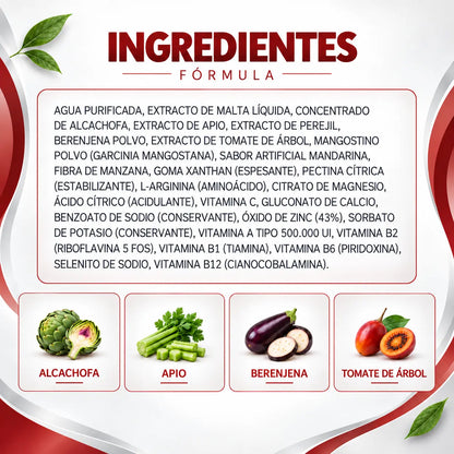 Ingredientes de Higradet Lavid Pharm con alcachofa, apio, berenjena y tomate de árbol.