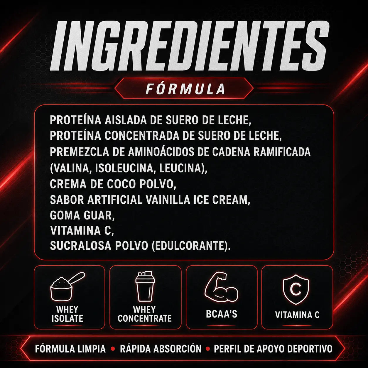 Ingredientes de ISOWHEY ELITE con proteína aislada y concentrada de suero de leche, BCAA, crema de coco, vitamina C y sucralosa.