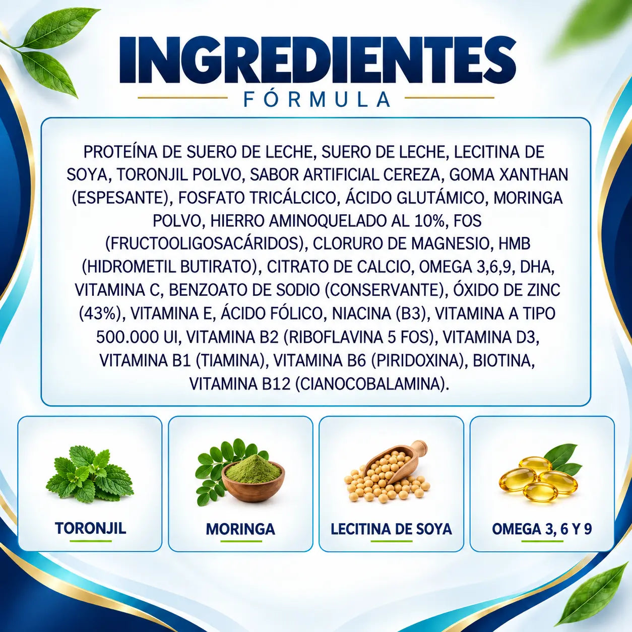 Ingredientes de Lipicron Lavid Pharm con toronjil, moringa, lecitina de soya y omega 3, 6 y 9