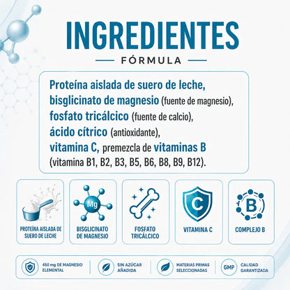 Ingredientes de Magnesio Complex Lavid Pharm con proteína aislada de suero de leche, bisglicinato de magnesio, fosfato tricálcico, vitamina C y complejo B.