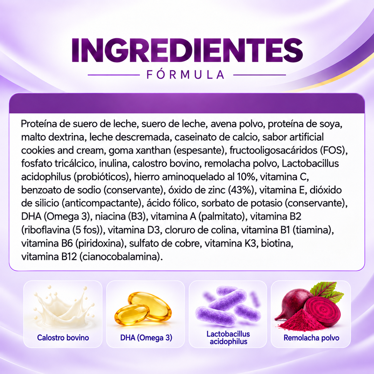 Ingredientes de Pequibiot Lavid Pharm con proteína de suero de leche, colostro bovino, DHA Omega 3, Lactobacillus acidophilus y remolacha