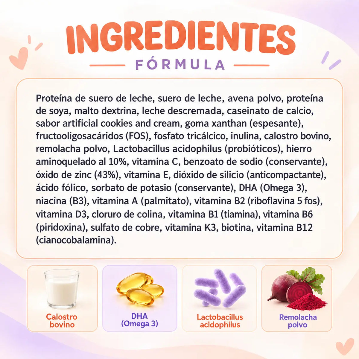 Ingredientes de Bambini A-Z Lavid Pharm con proteína de suero de leche, calostro bovino, DHA Omega 3, Lactobacillus acidophilus y remolacha en polvo.