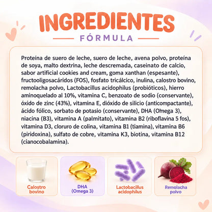 Ingredientes de Bambini A-Z Lavid Pharm con proteína de suero de leche, calostro bovino, DHA Omega 3, Lactobacillus acidophilus y remolacha en polvo.
