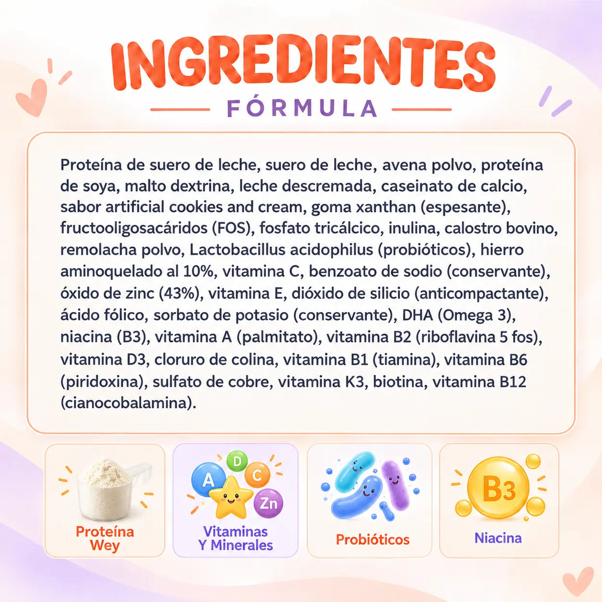 Ingredientes de Bambini A-Z Lavid Pharm con proteína de suero de leche, calostro bovino, DHA Omega 3, Lactobacillus acidophilus y remolacha en polvo.