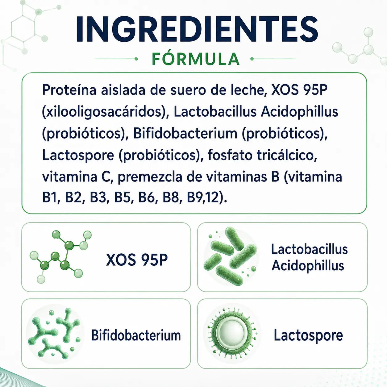 Ingredientes de PROBIOT PLUS con XOS 95P, Lactobacillus Acidophilus, Bifidobacterium y Lactospore