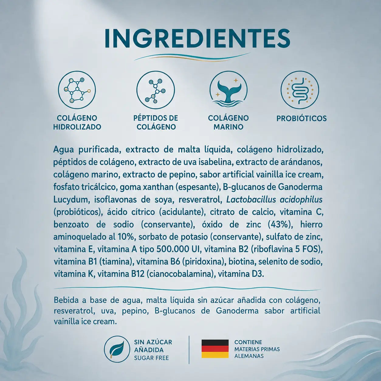 Ingredientes de Gelitar+ Plus de Lavid Pharm: colágeno marino, péptidos de colágeno, resveratrol, probióticos, extractos naturales, vitaminas y minerales en diseño informativo cuadrado.