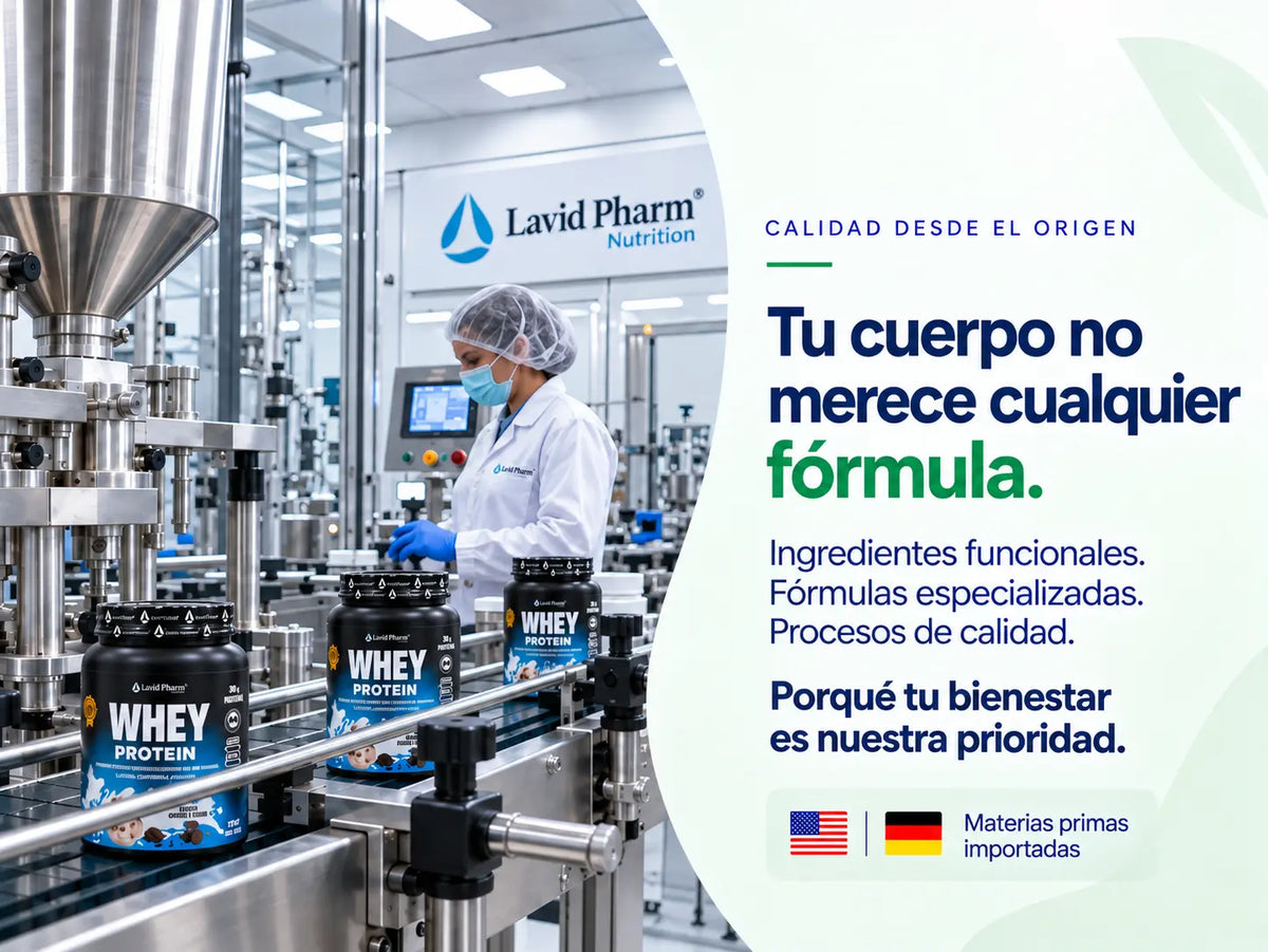 Laboratorio de Lavid Pharm con productos Whey Protein en línea de producción y procesos de calidad