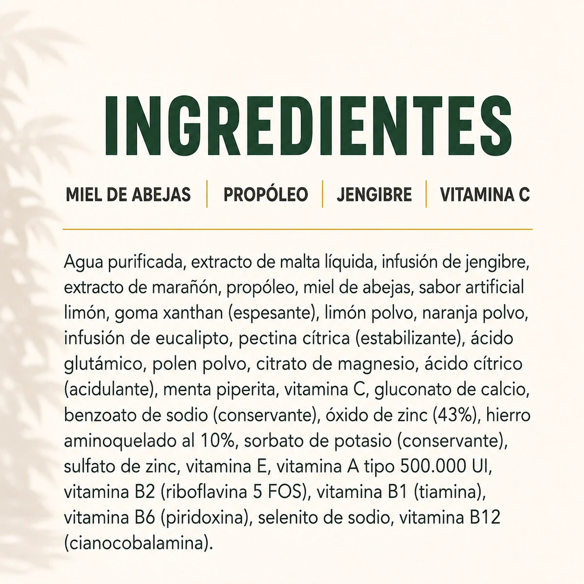 Ingredientes de Talsis Lavid Pharm con miel de abejas, propóleo, jengibre y vitamina C