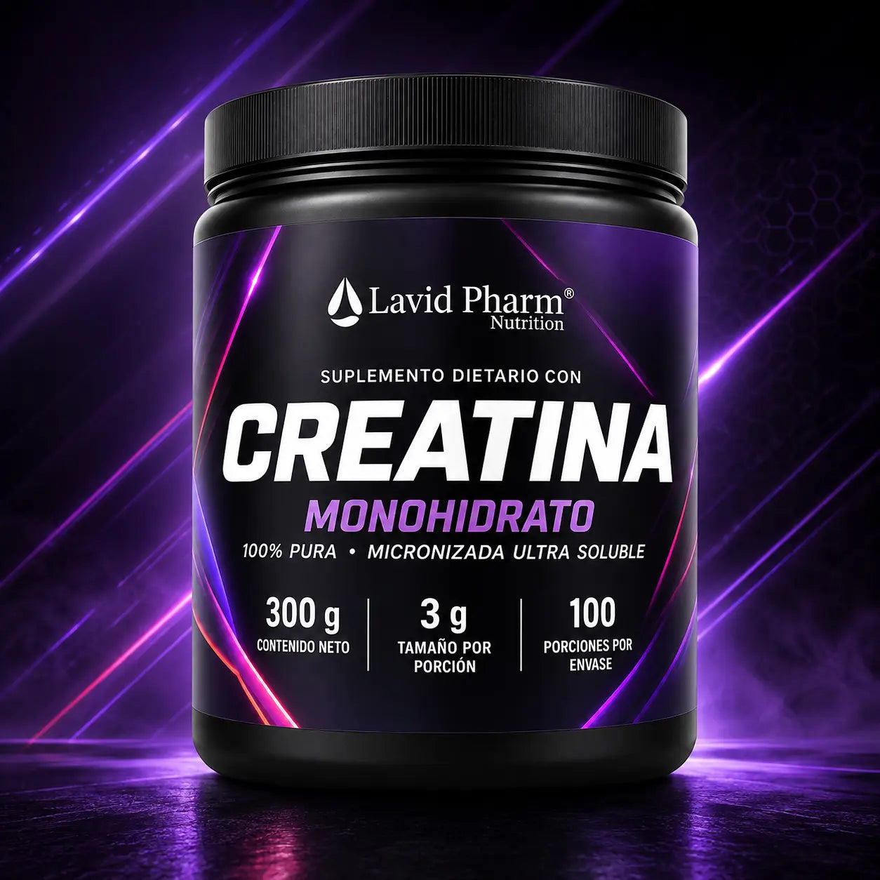 Creatina monohidrato Lavid Pharm 300 g, suplemento deportivo 100% puro, micronizado y ultra soluble.