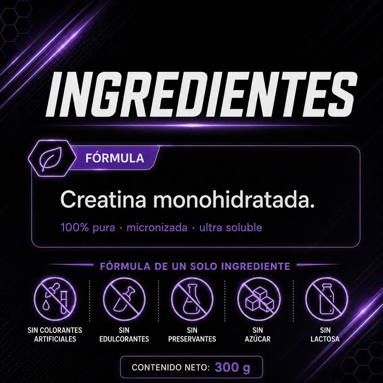 Ingredientes de Creatina Monohidrato Lavid Pharm: creatina monohidratada 100% pura, sin colorantes, edulcorantes, preservantes, azúcar ni lactosa