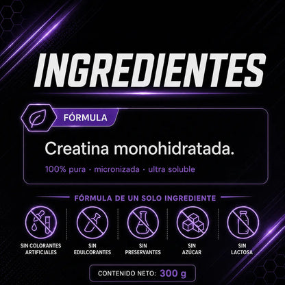 Ingredientes de Creatina Monohidrato Lavid Pharm: creatina monohidratada 100% pura, sin colorantes, edulcorantes, preservantes, azúcar ni lactosa