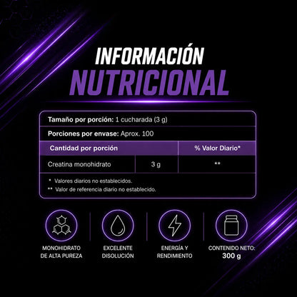 Información nutricional de Creatina Monohidrato Lavid Pharm por porción de 3 g, con 100 porciones por envase