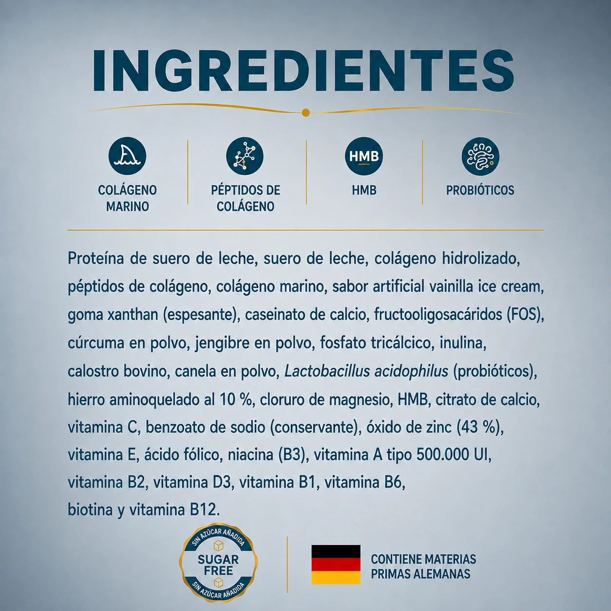 Ingredientes de Gelibone Marine con colágeno marino, péptidos de colágeno, HMB y probióticos