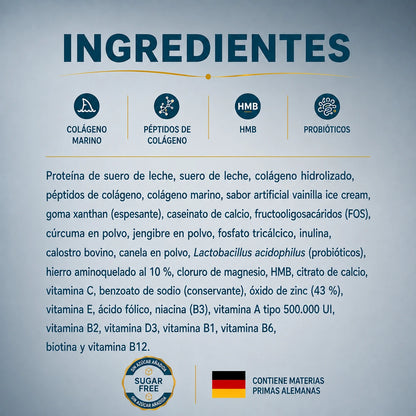 Ingredientes de Gelibone Marine con colágeno marino, péptidos de colágeno, HMB y probióticos