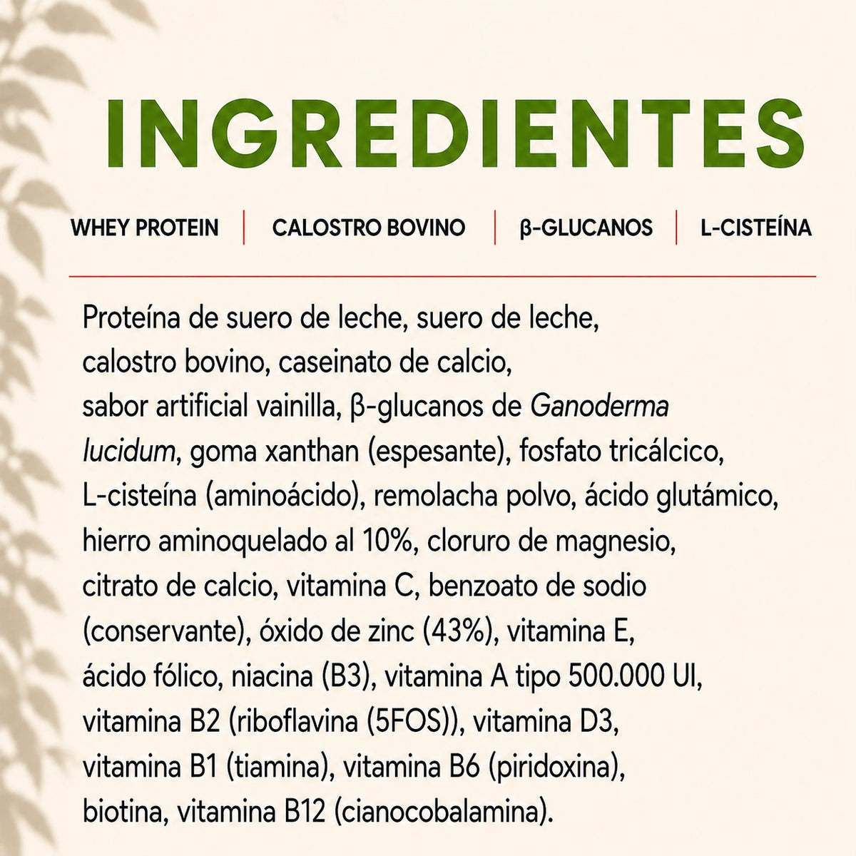Ingredientes de Prosul Lavid Pharm con whey protein, calostro bovino, beta-glucanos y L-cisteína