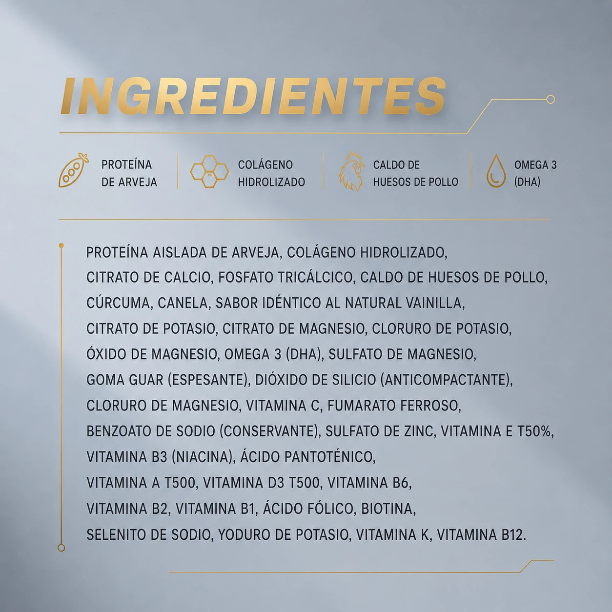 Ingredientes de PROVEG con proteína aislada de arveja, colágeno hidrolizado, caldo de huesos de pollo y omega 3