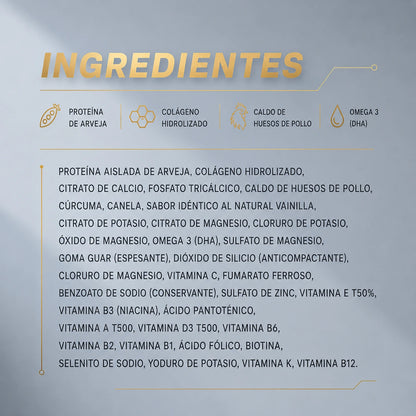 Ingredientes de PROVEG con proteína aislada de arveja, colágeno hidrolizado, caldo de huesos de pollo y omega 3
