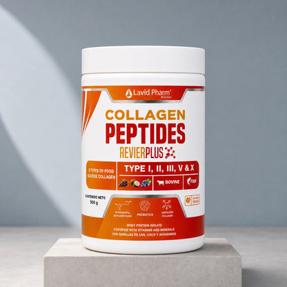 Revierplus de Lavid Pharm con colágeno hidrolizado, colágeno marino, péptidos de colágeno, arándanos, coco, semillas de uva, resveratrol, vitaminas y minerales.