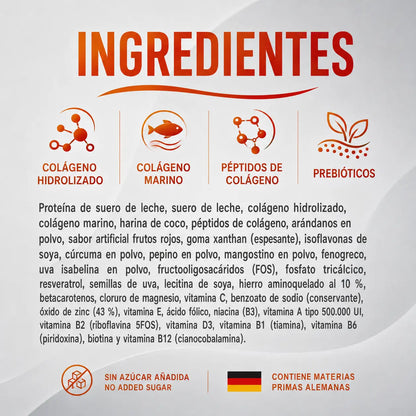 Ingredientes de Revierplus de Lavid Pharm con colágeno hidrolizado, colágeno marino, péptidos de colágeno, arándanos, coco, semillas de uva, resveratrol, vitaminas y minerales.