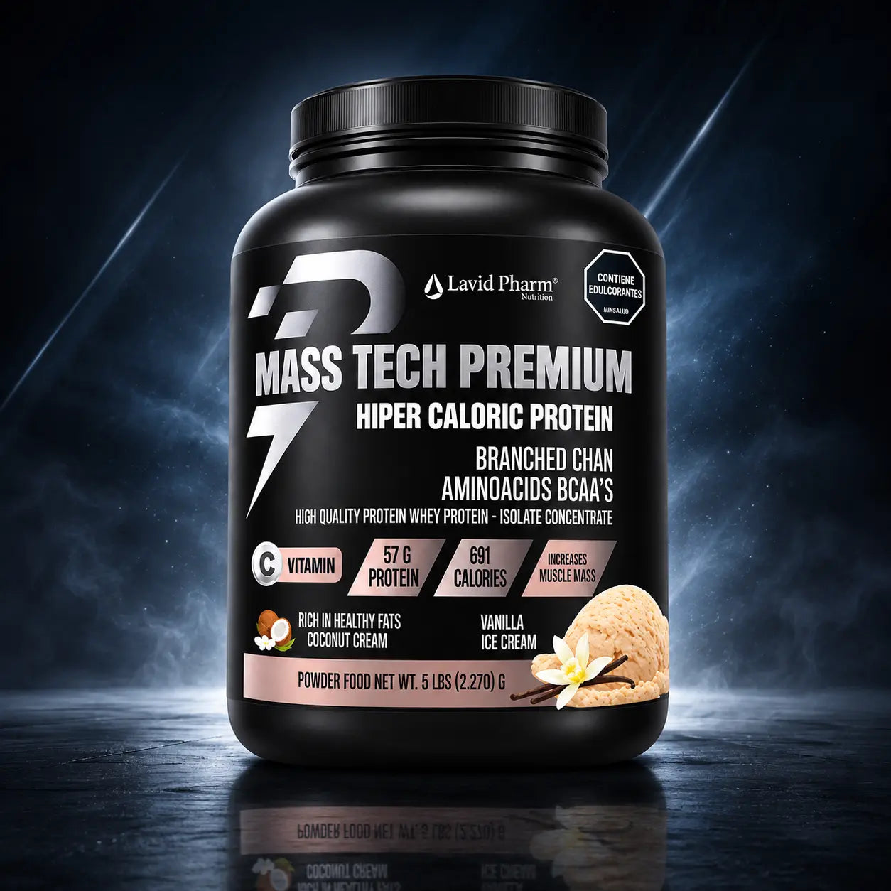 MASS TECH PREMIUM Lavid Pharm, proteína hipercalórica con 57 g de proteína y 691 calorías por porción, presentación de 5 lb.