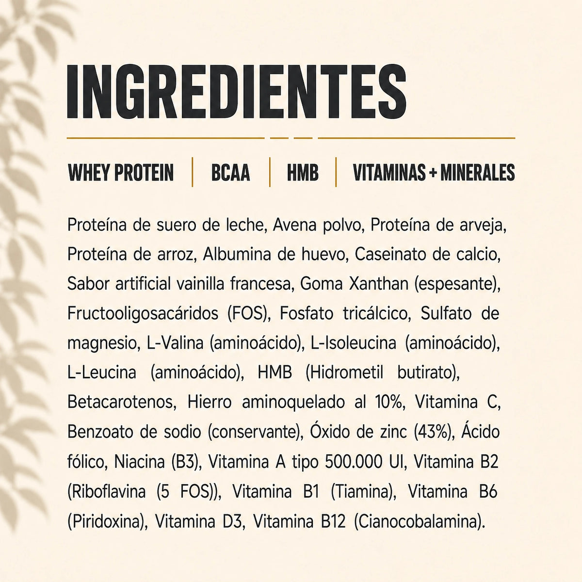 Ingredientes de PRONEW Lavid Pharm con whey protein, BCAA, HMB, vitaminas y minerales